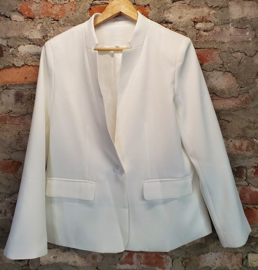 Womens White Blazer L Single Button Band Collar Flap Pockets Jacket